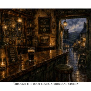 May include: An artistic depiction of an Irish pub interior. A pint of Guinness sits on a wooden bar, with bottles and shelves in the background. The pub's name, "The Innisfree Arms," is visible. The text "Through the door comes a thousand stories" is at the bottom.
