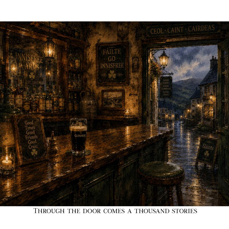 May include: An artistic depiction of an Irish pub interior. A pint of Guinness sits on a wooden bar, with bottles and shelves in the background. The pub's name, "The Innisfree Arms," is visible. The text "Through the door comes a thousand stories" is at the bottom.