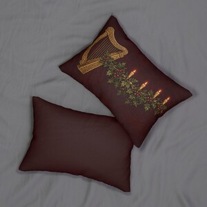 Irish Harp Christmas Lumbar Pillow, Celtic Knotwork, Holly Garland, Burgundy Cushion (20x14 inch) image 9