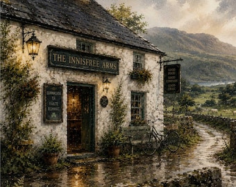 May include: Watercolor painting of The Innisfree Arms pub with a stone exterior, a slate roof, and a sign that reads "Good Food, Good Company, Good Craic." A bicycle rests near a bench, and a stone wall lines the road.