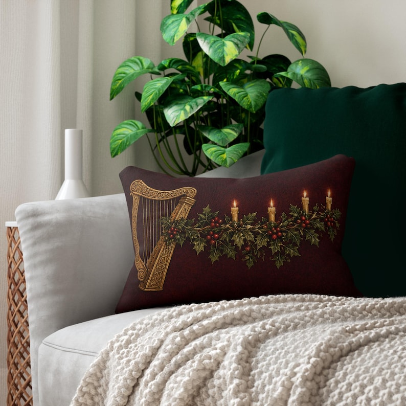 Irish Harp Christmas Lumbar Pillow, Celtic Knotwork, Holly Garland, Burgundy Cushion (20x14 inch) image 4