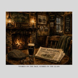May include: A dark wooden table holds a glass of Guinness, a folded Irish Independent newspaper, a pair of wire-rimmed glasses, and a tweed flat cap. In the background, a stone fireplace with a fire burns beneath signs reading Erin Go Bragh.