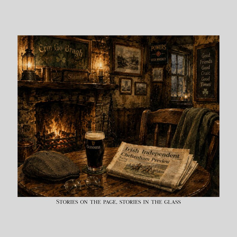 May include: A dark wooden table holds a glass of Guinness, a folded Irish Independent newspaper, a pair of wire-rimmed glasses, and a tweed flat cap. In the background, a stone fireplace with a fire burns beneath signs reading Erin Go Bragh.