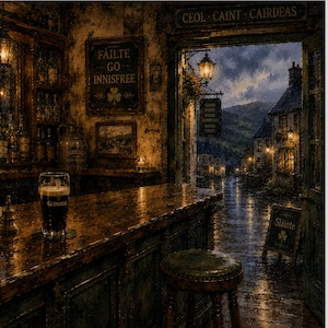 May include: An interior view of an Irish pub with a pint of Guinness on the bar. The bar is made of dark wood, and the walls are adorned with signs and bottles. The open doorway reveals a rainy street scene. Signs read "Failte Go Innisfree" and "Good Food, Good Company, Good Craic."