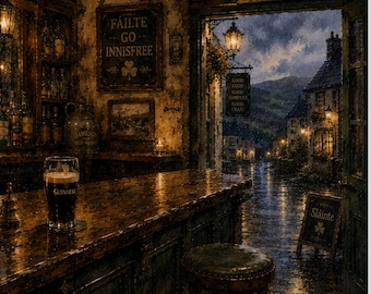 May include: An interior view of an Irish pub with a pint of Guinness on the bar. The bar is made of dark wood, and the walls are adorned with signs and bottles. The open doorway reveals a rainy street scene. Signs read "Failte Go Innisfree" and "Good Food, Good Company, Good Craic."