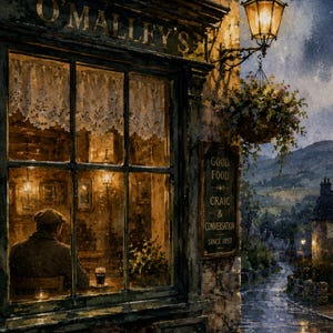 May include: A watercolor painting of O'Malley's pub exterior at dusk. A person in a flat cap sits inside by a window. A hanging lantern illuminates a sign reading Good Food, Craic & Conversation, Since 1897. A flower basket hangs above the stone wall.