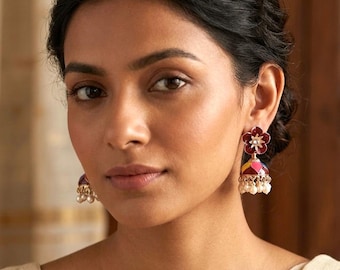 Painted Jhumka Earrings, Traditional Indian Jewelry, Desi Jewelry, Flower Jhumkas with dangling beads, Enamel Jewelry, Small Maroon Jhumkas