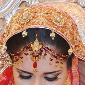 Gold Plated Matha Patti with Maroon & Gold Beads, Bridal Matha Patti, Indian Bridal Headpiece, Desi Wedding Jewelry, Sheesh Phool Tikka