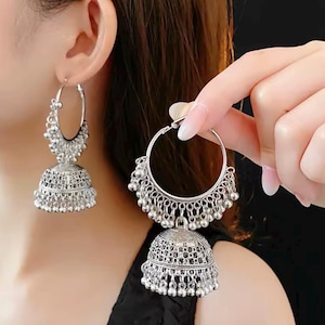 Traditional Indian Silver Oxadized Jhumka Earrings, Medium Silver Jhumkas, Bollywood Jewelry, Ethnic Jewelry for Weddings & Celebrations