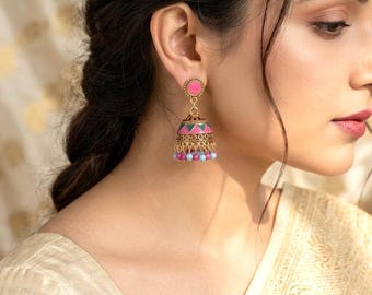 Pink & Blue Painted Jhumka Earrings, Traditional Indian Jewelry, Desi Jewelry, Colorful Jhumkas, Painted Jhumkas, What Jhumka