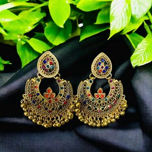 Vintage Indian Chandbali Earrings, Golden Rhinestone Jewelry, Indian Vintage Golden Chandbali Earrings, Boho Ethnic Bridal Statement Jewelry