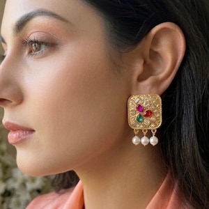 Gold Multicolor Kundan Stud Earrings, Indian Wedding Jewelry, Ethnic Statement Earrings, Festive Bridal Earrings, Fancy Gold Pearl Studs