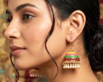 Traditional Indian Painted Jhumka Earrings, Multicolor Small Jhumkas with Pearl Beads, Festive Ethnic Jewelry for Weddings & Celebrations
