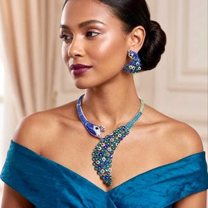 May include: A woman wearing a peacock-themed jewelry set. The set includes a necklace and earrings, featuring blue, green, and white gemstones. The necklace drapes around the neck, with the peacock design extending down the chest. The earrings mirror the peacock design.