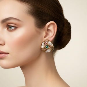 May include: Gold-toned triangular earrings with intricate openwork design. The earrings feature red and white accents, with a central green gemstone and small white pearls. The earrings are worn on the ear.