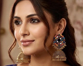 Brincos Jhumka grandes, Jhumkas dourados vintage, Joias de Bollywood, Joias tradicionais indianas, Joias Desi, Jhumkas multicoloridos