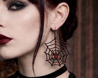 Black Spiderweb Earrings with Red Rhinestones, Halloween Earrings, Gothic Web Earrings, Spooky Statement Earrings, Creepy Halloween Jewelry
