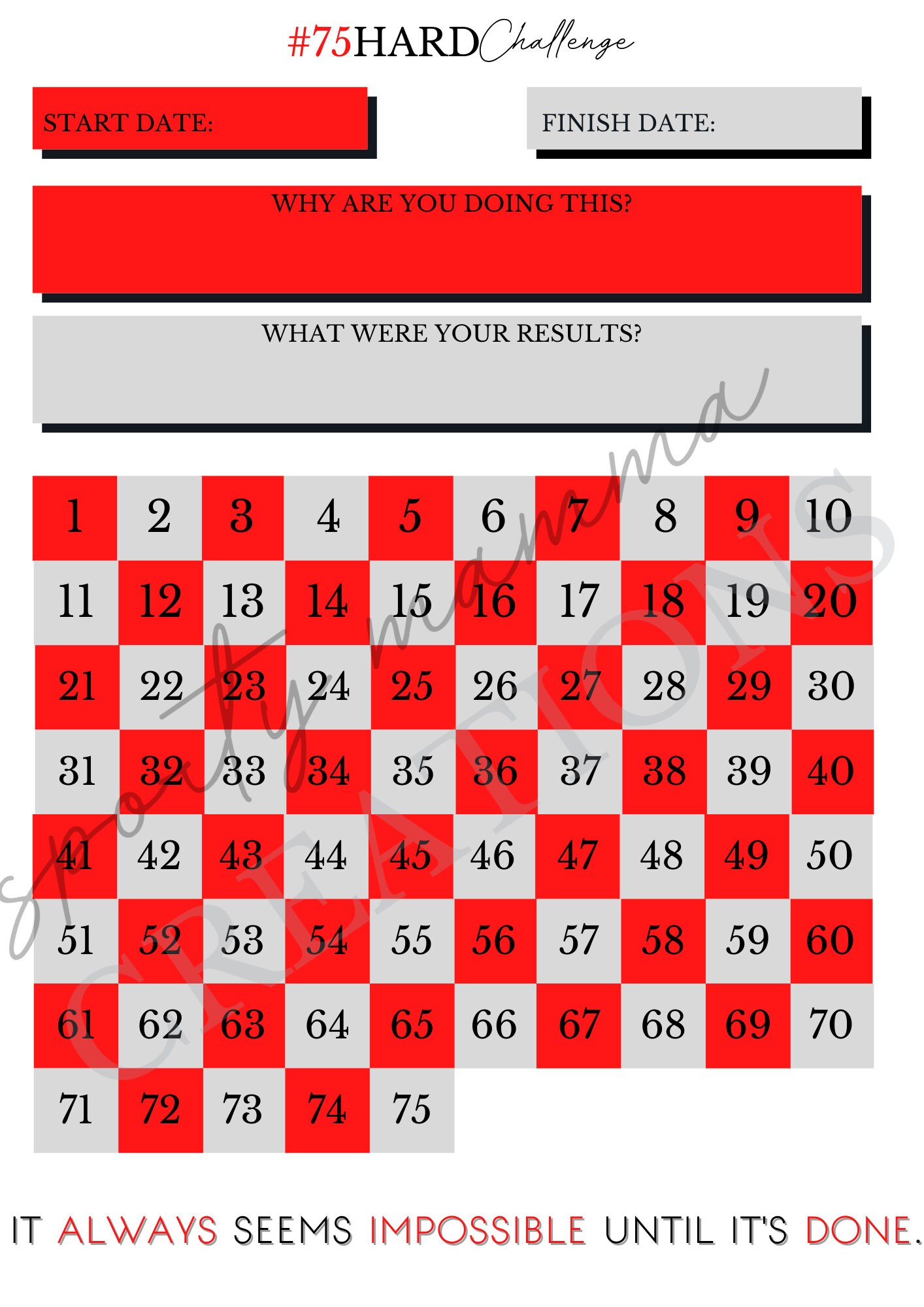 Printable 75 Hard Countdown Tracker 75 Hard Habit Tracker | Etsy