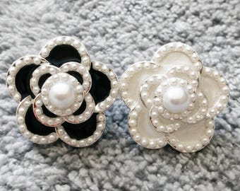 Pearl Camellia Flower Buttons, Luxury Gold Shank Buttons, Black White Decorative Buttons for Sewing Coat, Dress, Cardigan, Designer Style