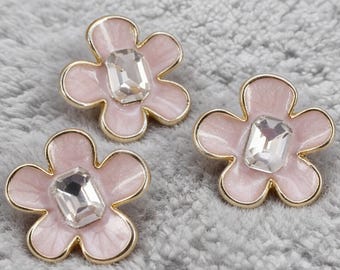 Pink Flower Button with Crystal Center, Gold Edge Shank Button, DIY Sewing Embellishment, Craft Supplies