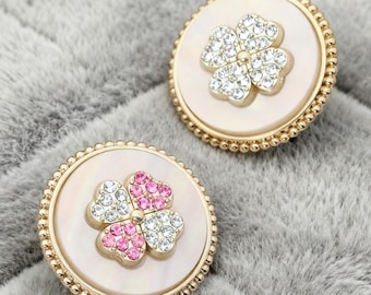 Luxury Four-Leaf Clover Buttons with Rhinestones Pearl Metal Shank Buttons for Coat Cardigan Dress