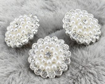 Luxury Pearl Rhinestone Flower Buttons, Silver Metal Shank (19mm)