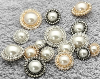 Elegant Pearl Buttons with Rhinestones, Round Decorative Coat Buttons, Luxury Sewing Embellishment, Gold Silver Black Craft Supplies