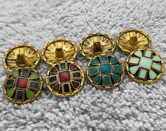 Vintage Enamel Metal Buttons, Antique Gold Geometric Shank Buttons for Coats and Jackets, Cloisonné Style Sewing Supplies, Set for DIY Craft