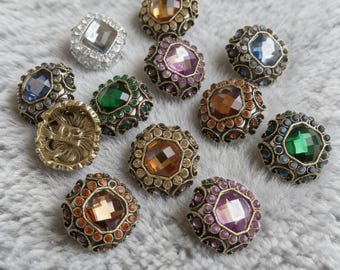 Vintage Metal Rhinestone Shank Buttons, Antique Gold Crystal Buttons, Large Gemstone Buttons for Coats Jackets Blazers, Luxury Sewing Trim