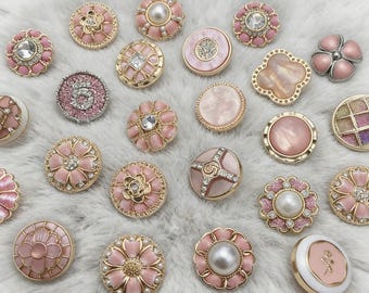 Pink and Gold Luxury Buttons, Vintage Style Pearl Flower Rhinestone Buttons for Cardigan Coat, Elegant Sewing Supplies for DIY Clothing