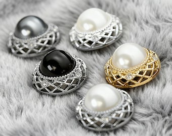 Lot De 12 Boutons Vintage Métal Avec Perles Blanches - Occasion Très Bon État