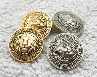 Lion Head Button, Gold Silver Metal Shank Buttons for Blazer Coat Jacket, Vintage Greek Key Luxury Designer Style Sewing Craft Supply