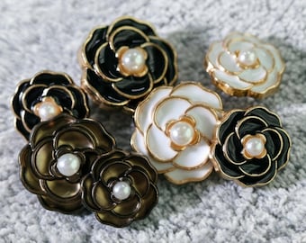 Vintage Pearl Camellia Buttons, Metal Enamel Rose Button for Sewing, Elegant Black White Flower Coat Cardigan Button, DIY Craft Supplies
