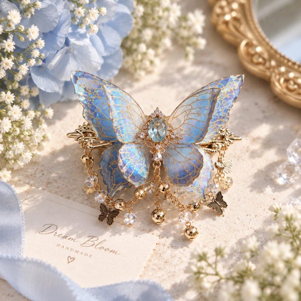 Blue iridescent butterfly hair clip with crystal dangles, photographed with pale blue flowers