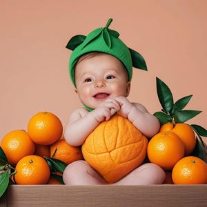 May include: A smiling baby wearing a green leaf-shaped hat, holding a large orange fruit, surrounded by oranges and green leaves in a wooden crate. The background is a solid peach color.