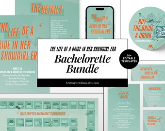 May include: A bachelorette party bundle with a teal and orange color scheme. The design includes invitations, a drink coaster, a phone mockup, and a game board. Text includes "The Life of a Bride in Her Showgirl Era."