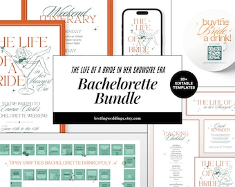 May include: A collection of bachelorette party templates with a vintage aesthetic. The bundle includes invitations, itineraries, checklists, and a drink ticket design. The text "The Life of a Bride in her Showgirl Era" is featured prominently.