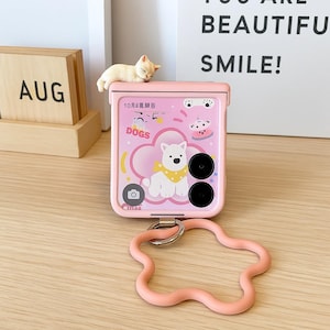 Cute 3D Kitten Phone Case with Flower Strap for Samsung Z Flip 7/6/5/4/3 & Motorola Razr 40/50/60 Ultra