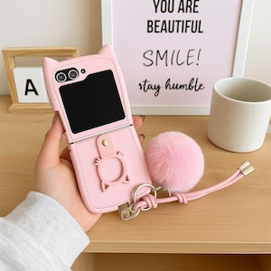 3D Cat Ear Phone Case with Ring for Samsung Galaxy Z Flip 3 4 5 6 7 | Cute 2-Piece Protective Cover Gift