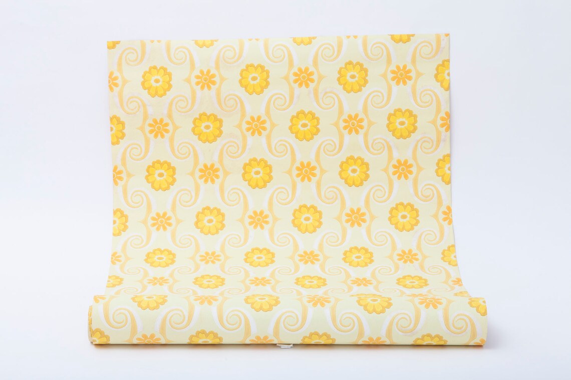 Vintage Yellow Floral Wallpaper 1970s Full Roll Etsy Vintage Yellow Floral Wallpaper 1970s Full Roll Etsy