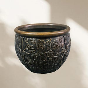 May include: A dark bronze-colored bowl with a smooth, rounded rim. The exterior surface features raised, embossed bamboo stalks and multiple iterations of the Chinese character for good fortune, known as Fu, in various calligraphic styles.