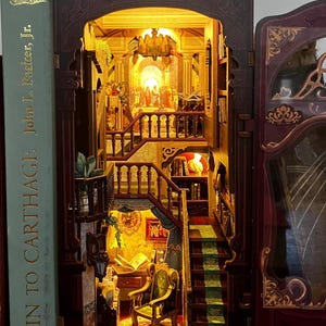 Pre-Assembled Library of Wisdom Book Nook - Finished Bookshelf Insert with LED Lights Decor