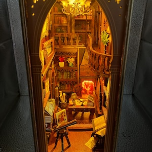 Pre-Assembled Library Book Nook: Handmade Miniature Bookshelf Diorama with LED