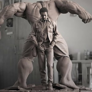 May include: A sepia-toned sculpture of a man standing in front of a large, muscular figure. The man is wearing a jacket, trousers, and a shoulder bag. The muscular figure is in a powerful pose, with arms raised.