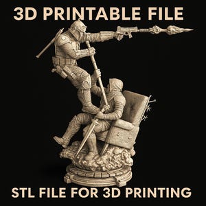 May include: A sepia-toned 3D printable file image featuring two figures in futuristic armor. One figure is seated in a chair, while the other is climbing on top, holding a weapon. The text "3D PRINTABLE FILE" and "STL FILE FOR 3D PRINTING" are displayed.