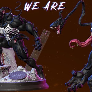 Peut inclure: Statue noire de Venom avec un emblème d'araignée blanc sur la poitrine et une longue langue rose. La statue présente un design détaillé, avec le texte "WE ARE" en blanc au-dessus de la figurine. La figurine est posée de manière dynamique sur une base.