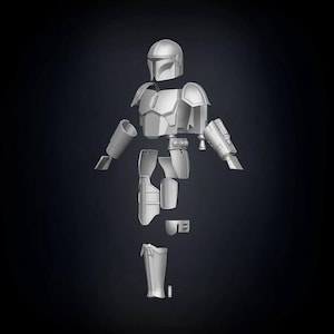 Könnte beinhalten: Ein zerlegtes, hellgraues Mandalorianer-Rüstungsset, vor einem dunklen Hintergrund dargestellt. Das Set umfasst einen Helm, Schulterpolster, Brustpanzer, Armschützer, Beinschützer und andere Komponenten, alle in einem detaillierten 3D-Stil.
