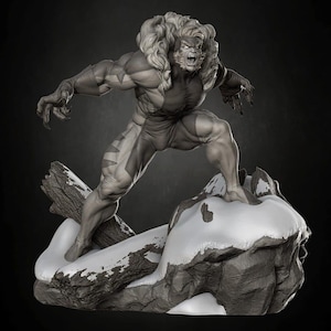 May include: A grayscale statue of a muscular character with a lion-like mane, posed aggressively on a snow-covered rock formation. The figure is wearing a form-fitting suit with striped accents, and has sharp claws and an open-mouthed expression.