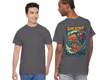 Retro 80s Surf Graphic T-Shirt, Unisex Heavy Cotton Tee, So-Cal Beachwear Style - Surf Attack