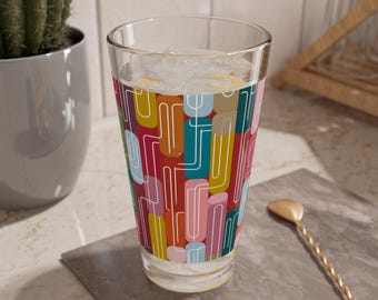 Mid-Century Abstract Print Glass, Retro Geometric Pattern Mixing Glass, Pint Size Drinkware